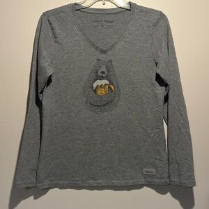 Life is Good- Beer Hug Bear Graphic Grey Long Sleeved Crusher Tee- Size Small